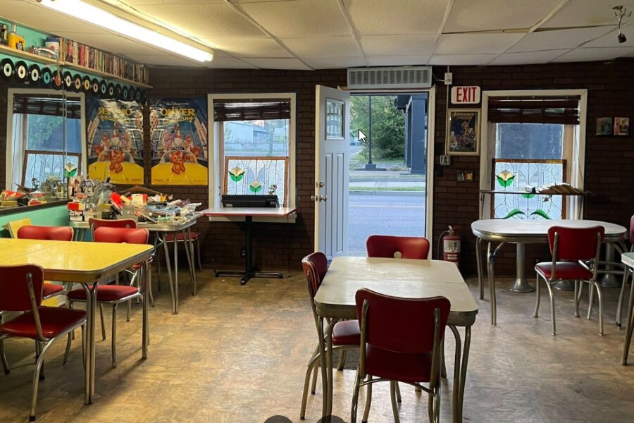 Retro dining room with red chairs